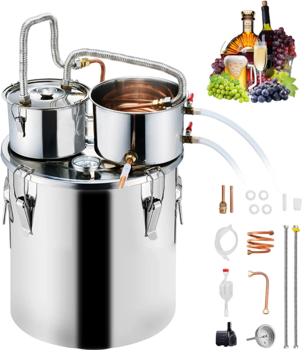 VEVOR Alcohol Still, 8 Gal / 30 L Stainless Steel Water Alcohol Distiller with Copper Coil for Fast Cooling, Dual Condenser Distiller Kit with Secondary Distillation, for Wine Whisky Brandy, Silver