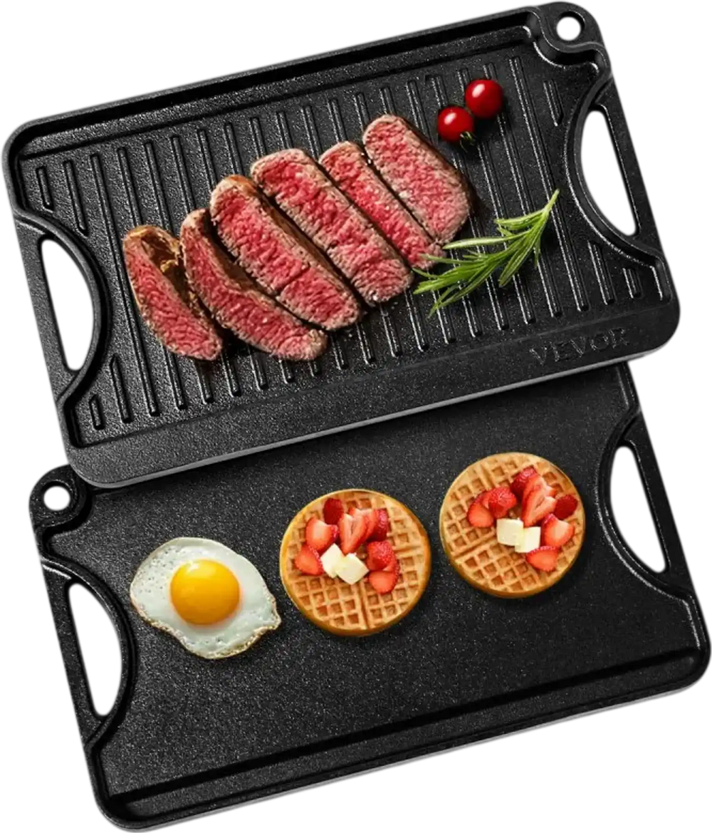 VEVOR Reversible Grill/Griddle, 14x8.5 inch Pre-Seasoned Cast Iron Griddle, Portable Rectangular Pan with Handle, Family Cookware for Indoor/Outdoor Stove Top Burner, Gas, Camping BBQ, Black