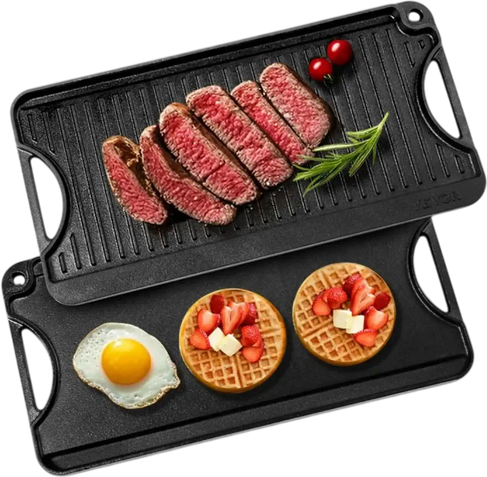 VEVOR Reversible Grill/Griddle, 20x10 inch Pre-Seasoned Cast Iron Griddle, Portable Rectangular Pan with Handle, Family Cookware for Indoor/Outdoor Stove Top Burner, Gas, Camping BBQ, Black