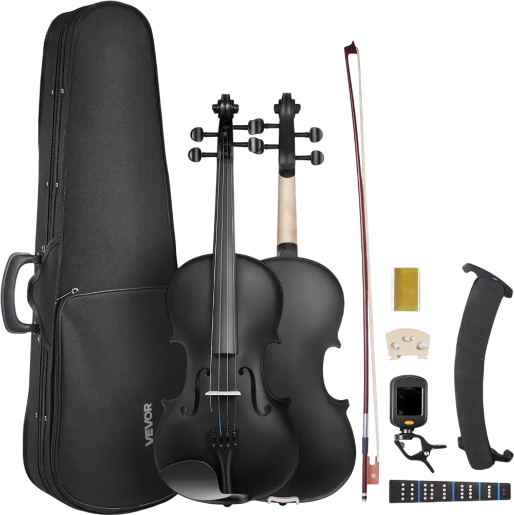 VEVOR Violin 4/4 Full Size for Adults, Violin Fiddle Set for Beginners Student with Hard Case, Rosin, Bow, Shoulder Rest, Bridge, Tuner and Extra Strings, Professional Solidwood Instruments  (Black)