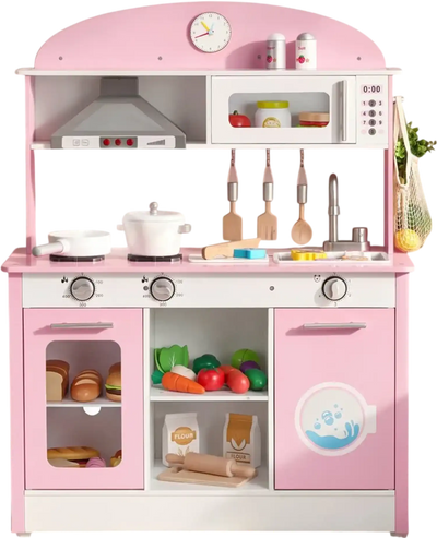 VEVOR Play Kitchen for Kids, Wooden, Kids Kitchen Playset with Real Lights & Sounds, Food & Cookware Accessories, Pretend Play Toy Set, Range Hood, Microwave, for Toddlers, Girls & Boys Ages 3-8, Pink