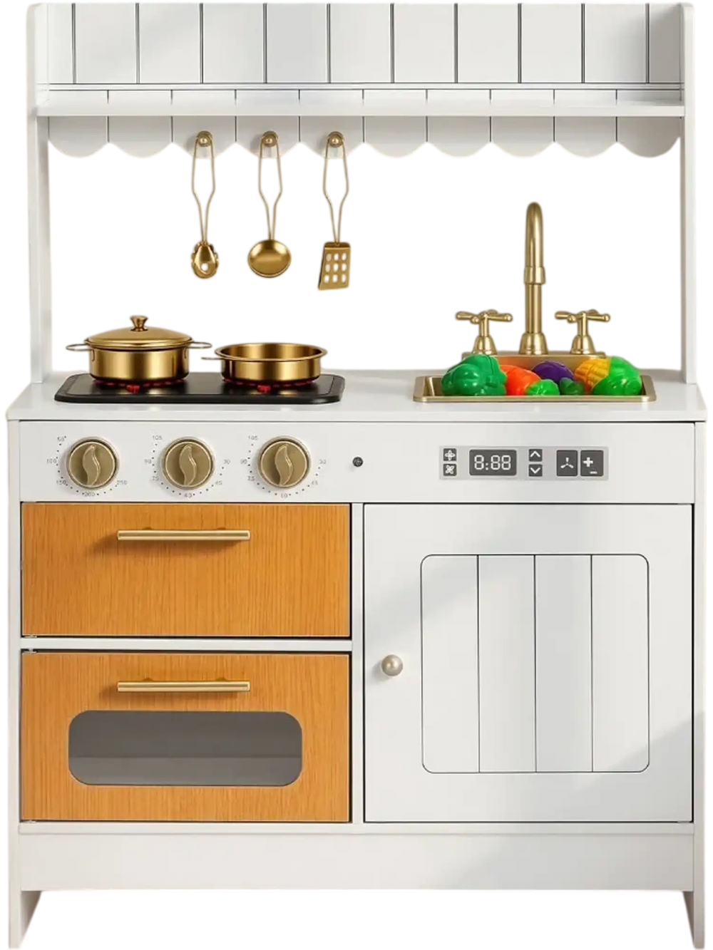 VEVOR Play Kitchen for Kids, Wooden, Kids Kitchen Playset with Real Lights & Sounds, Food & Cookware Accessories, Pretend Play Toy Set, Sink, Oven, Stove, Cabinet, for Toddlers, Girls & Boys Ages 3-8