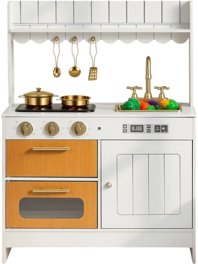 VEVOR Play Kitchen for Kids, Wooden, Kids Kitchen Playset with Real Lights & Sounds, Food & Cookware Accessories, Pretend Play Toy Set, Sink, Oven, Stove, Cabinet, for Toddlers, Girls & Boys Ages 3-8