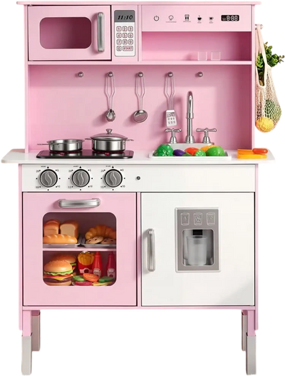 Vevor Play Kitchen Wooden Kids Kitchen Playset with Lights, Sounds & Accessories Pink New