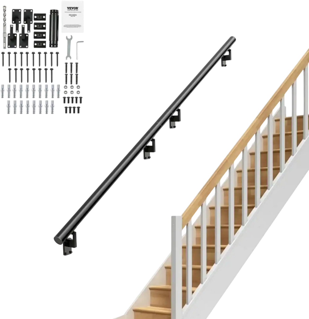 VEVOR Handrail Stair Railing, 12 ft, Wall Mount Handrails for Indoor Stairs, Thickened Aluminum Alloy Hand Rail with Installation Kit, 440 LBS Load Capacity Stairway Railing for Outdoor Stairs