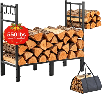 VEVOR Firewood Rack 32.68 Inch Heavy Duty Indoor Fire Wood Storage Holder, for Fireplace Patio Deck, 550 lbs Load Capacity, Stacker Stand with Log Carrier Bag, Metal Wood Pile Organizer Tool, Black