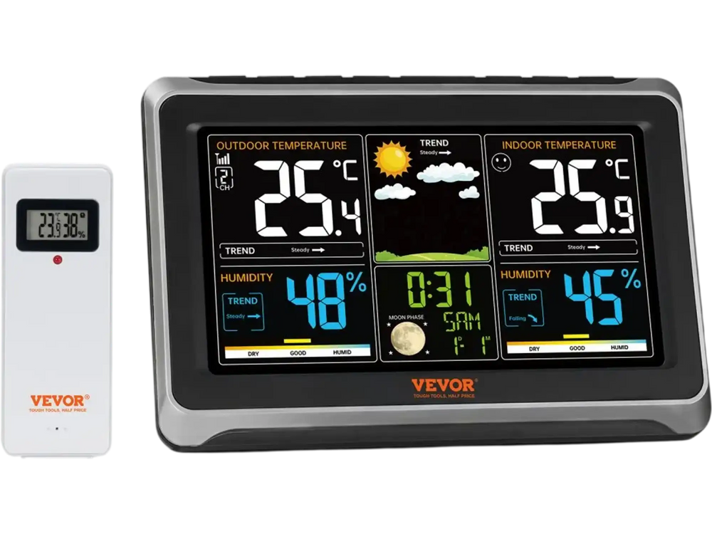 VEVOR Weather Station Indoor Outdoor, 7.5 in Color Display, Wireless Digital Home Weather Station, with Sensor Atomic Clock Adjustable Backlight Forecast Data Calendar Alarm Alert Temperature-NO WIFI