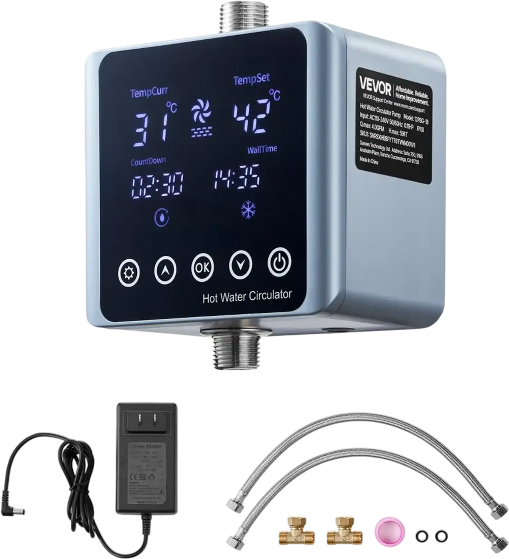 VEVOR Digital Smart Instant Hot Water Recirculating Pump Kit, with Built-in Thermostat, Timer, Digital Screen, Under Sink Recirculation Circulation Circulator Pump System, for House Water Heaters