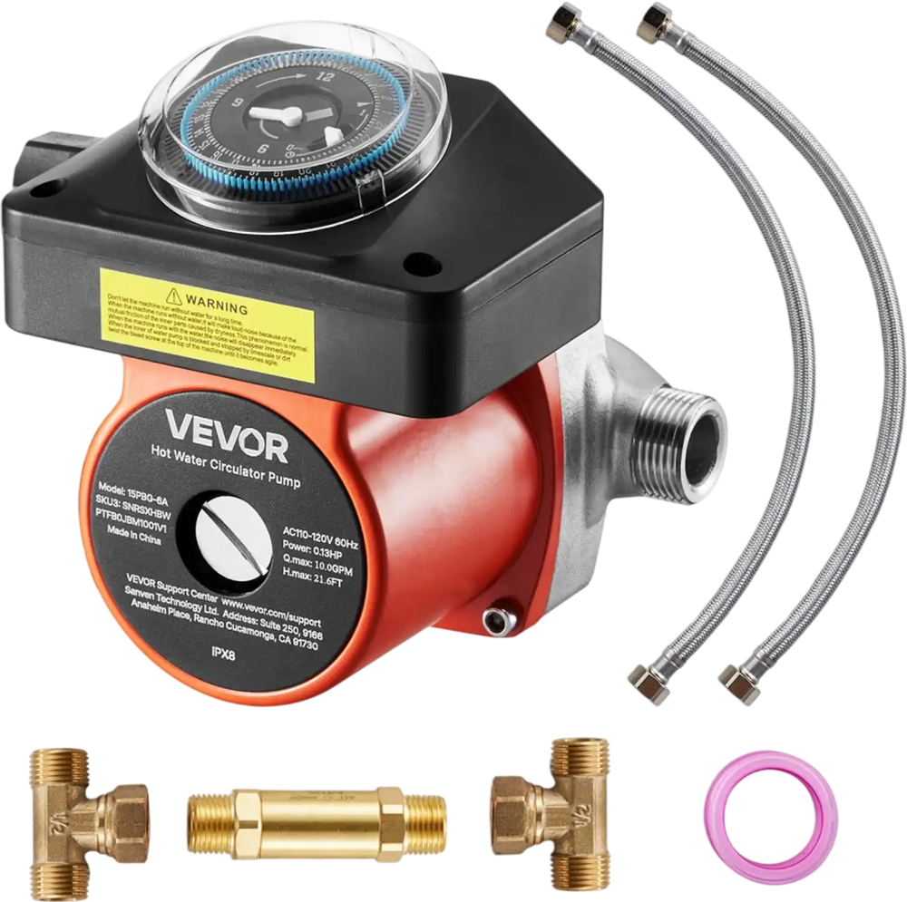 VEVOR Hot Water Recirculating Pump, with Bypass Valve, Instant Recirculation Pump Kit with Timer, Adapter, Circulation Circulator System, Stainless Steel Head, 0.13 HP 110-120V, for Tank Water Heaters