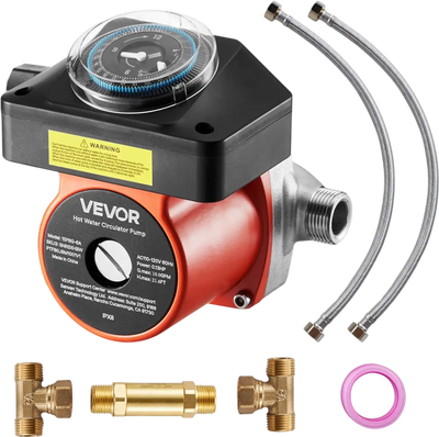VEVOR Hot Water Recirculating Pump, with Bypass Valve, Instant Recirculation Pump Kit with Timer, Adapter, Circulation Circulator System, Stainless Steel Head, 0.13 HP 110-120V, for Tank Water Heaters