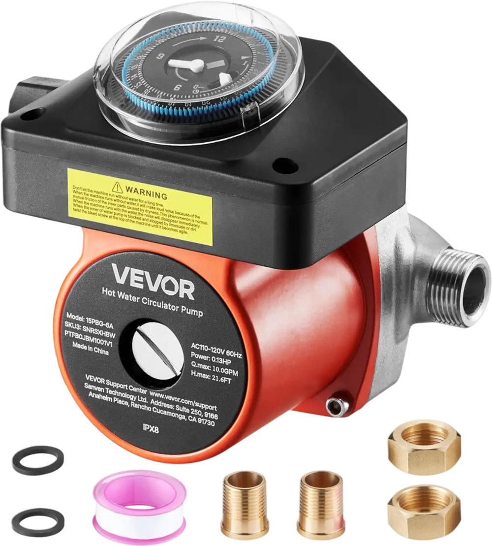 VEVOR Hot Water Recirculating Pump, with Timer, 10 GPM Instant Recirculation Pump Kit, Circulation Circulator System, 0.13 HP AC 110-120V, NPT 3/4 in to NPT 1/2 in Connector, for Solar Water Heater