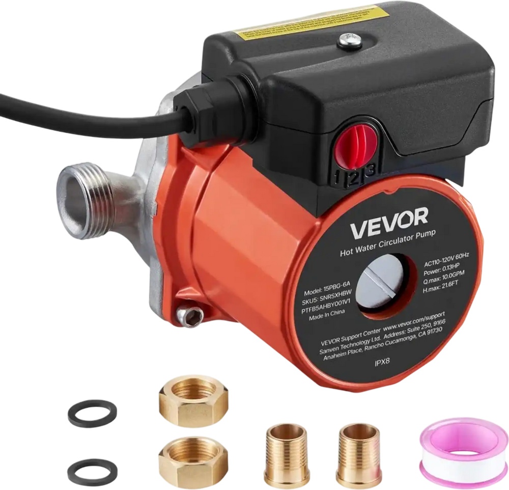 VEVOR Hot Water Recirculating Pump, 10 GPM, Instant Circulation Circulator Pump System, 3-Speed Control, 0.13 HP, 110-120V, NPT 3/4 in to NPT 1/2 in Adapter, Stainless Steel Head, for Water Heaters