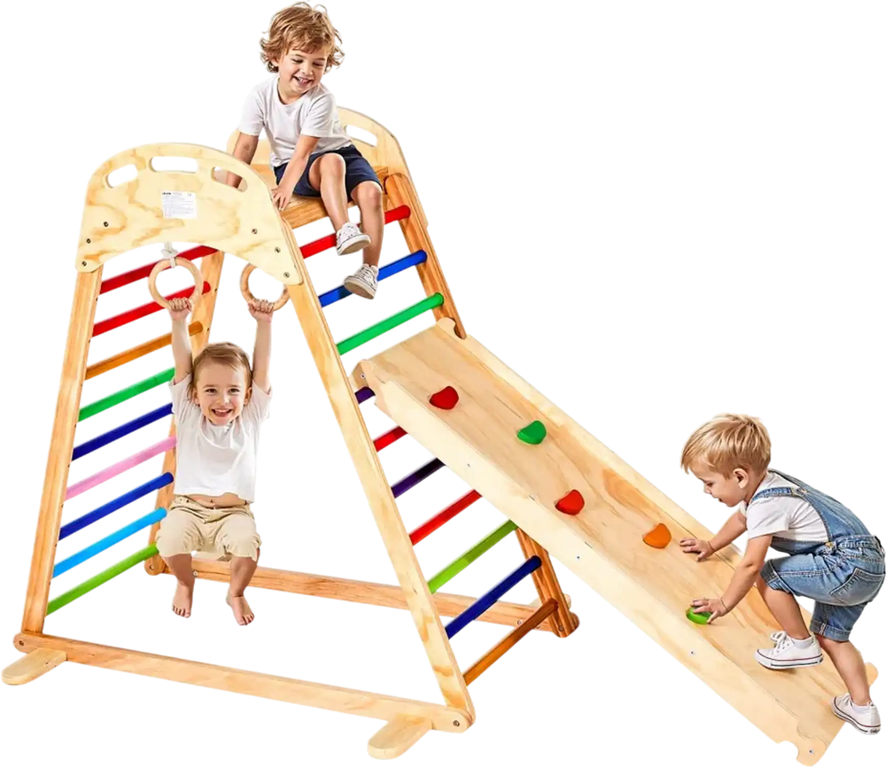 VEVOR Indoor Playground Jungle Gym, 4-in-1 Wooden Indoor Playground Playset with Climbing Rock, Slide, Wooden Ladder & Gym Rings, Montessori Style Playground Climbing Toys for Boys Girls, 220LBS