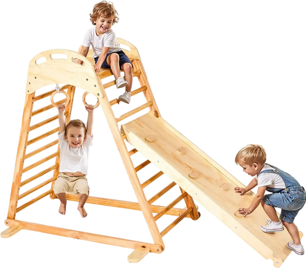 VEVOR Indoor Playground Jungle Gym, 4-in-1 Wooden Indoor Playground Climbing Toys for Kids, Montessori Toddlers Climber Playset with Climbing Rock, Slide, Wooden Ladder & Gym Rings, 220LBS Loading