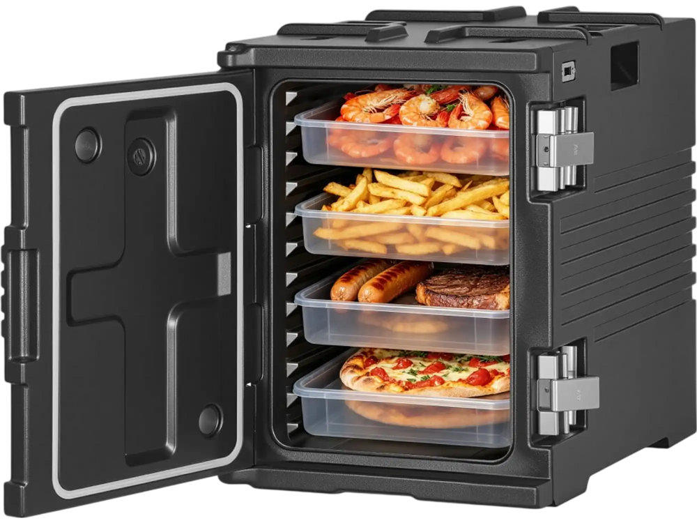 VEVOR Insulated Food Pan Carrier, 95 Qt Non-Electrical Food Warmer, with Wheel & 304 Stainless Steel Latch, LLDPE Stackable Hot Box, for Various Pan Sizes(NOT Included), Fit Catering BBQ Event(Black)