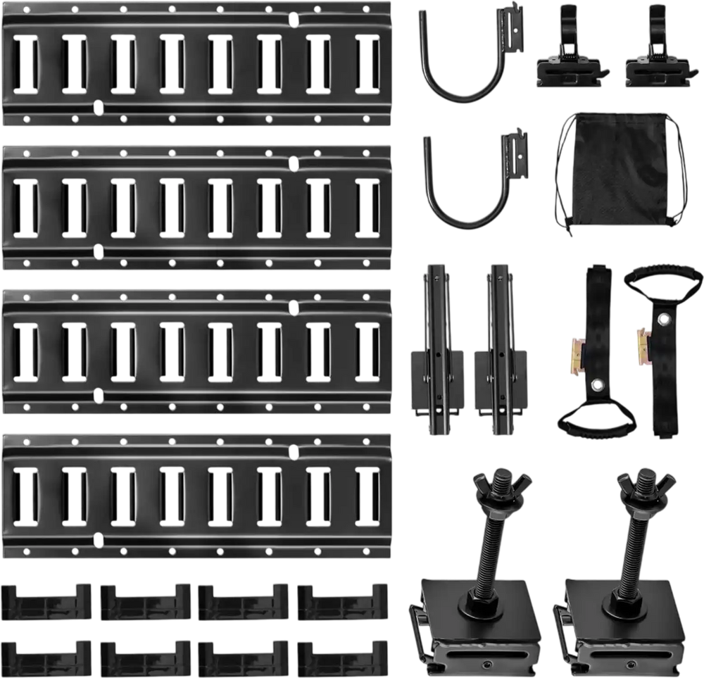 VEVOR E-Track Tie-Down Rail Kit, 4 Pack 1.3 ft E Track Rails, 2 U-Shaped Hooks, 2 Tool Holders, 2 Track Shelf Brackets, 2 Tire Holders, 2 Cable Storage Rings, 8 End Caps & 1 Bag, Fit for Vans Trailers