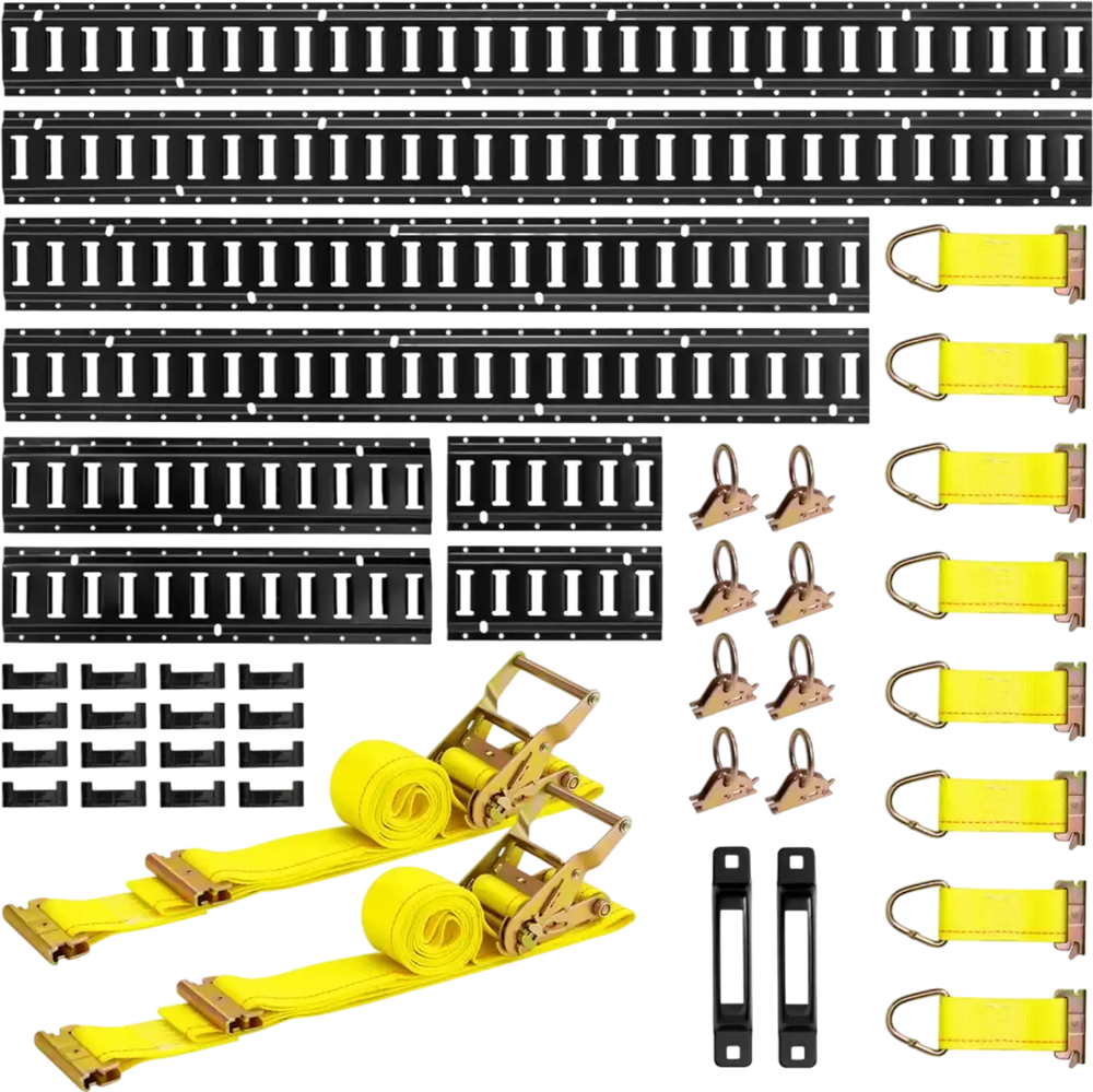 VEVOR E-Track Tie-Down Rail Kit, 8 Pack (5ft+4ft+2ft+1ft) E Track Rails, 36 Pcs Includes 2 Ratchet Straps & 8 O-Rings & 8 Tie-Offs with D-Ring & 2 Single Slots & 16 End Caps, Fit for Vans Trailers