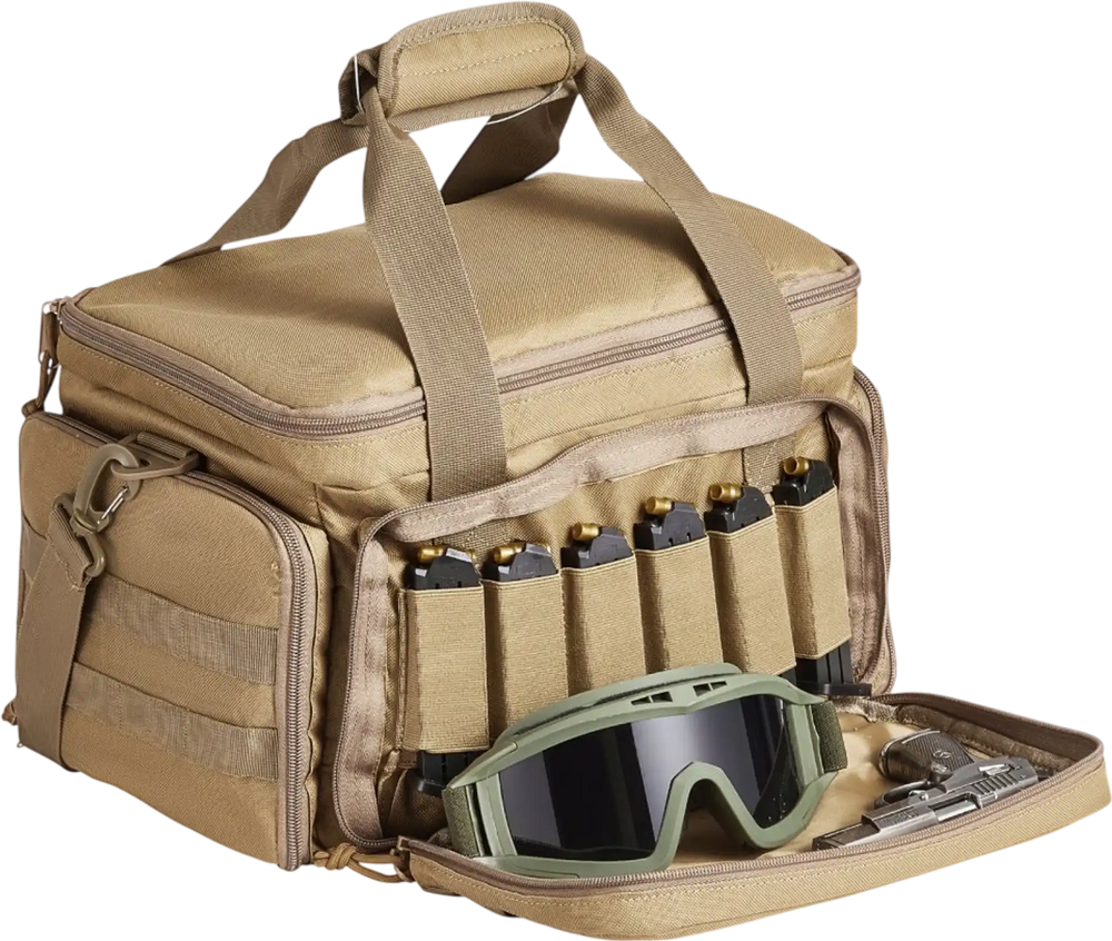 VEVOR Range Bag for 4 Pistols, Tactical Gun Range Bag with 3 Detachable Baffles & 6 Magazines, Firearm Shooting Handgun Bag for Outdoor Hunting Shooting Pistol Bag with Single Shoulder Strip, Brown