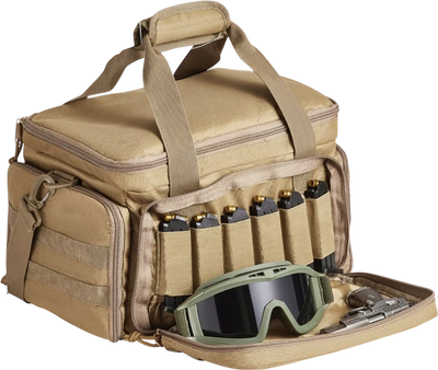 VEVOR Range Bag for 4 Pistols, Tactical Gun Range Bag with 3 Detachable Baffles & 6 Magazines, Firearm Shooting Handgun Bag for Outdoor Hunting Shooting Pistol Bag with Single Shoulder Strip, Brown