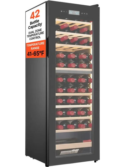 VEVOR 42 Bottle Wine Fridge, Freestanding Wine Cooler Refrigerator, Dual Zone Cooler, 41℉ to 65℉ Adjustable Temp Mini Cellar, Glass Door, For Home Office Bar, Red White Champagne or Sparkling Wines