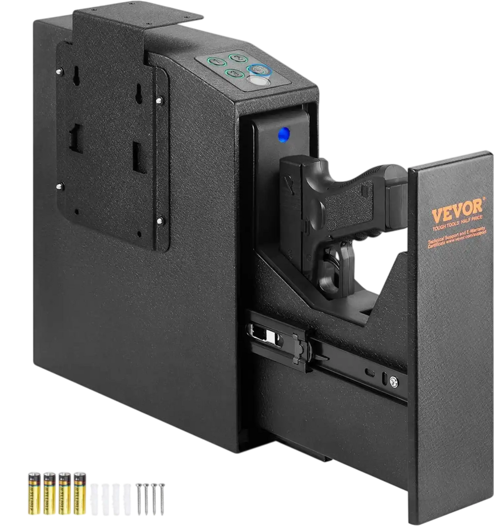 VEVOR Mounted Gun Safe for Pistols, Biometric Gun Safe with Three Quick Access Ways of Fingerprints, Passwords and Keys, Handgun Safe for 1 Pistol for Home, Bedside, Nightstand, Wall