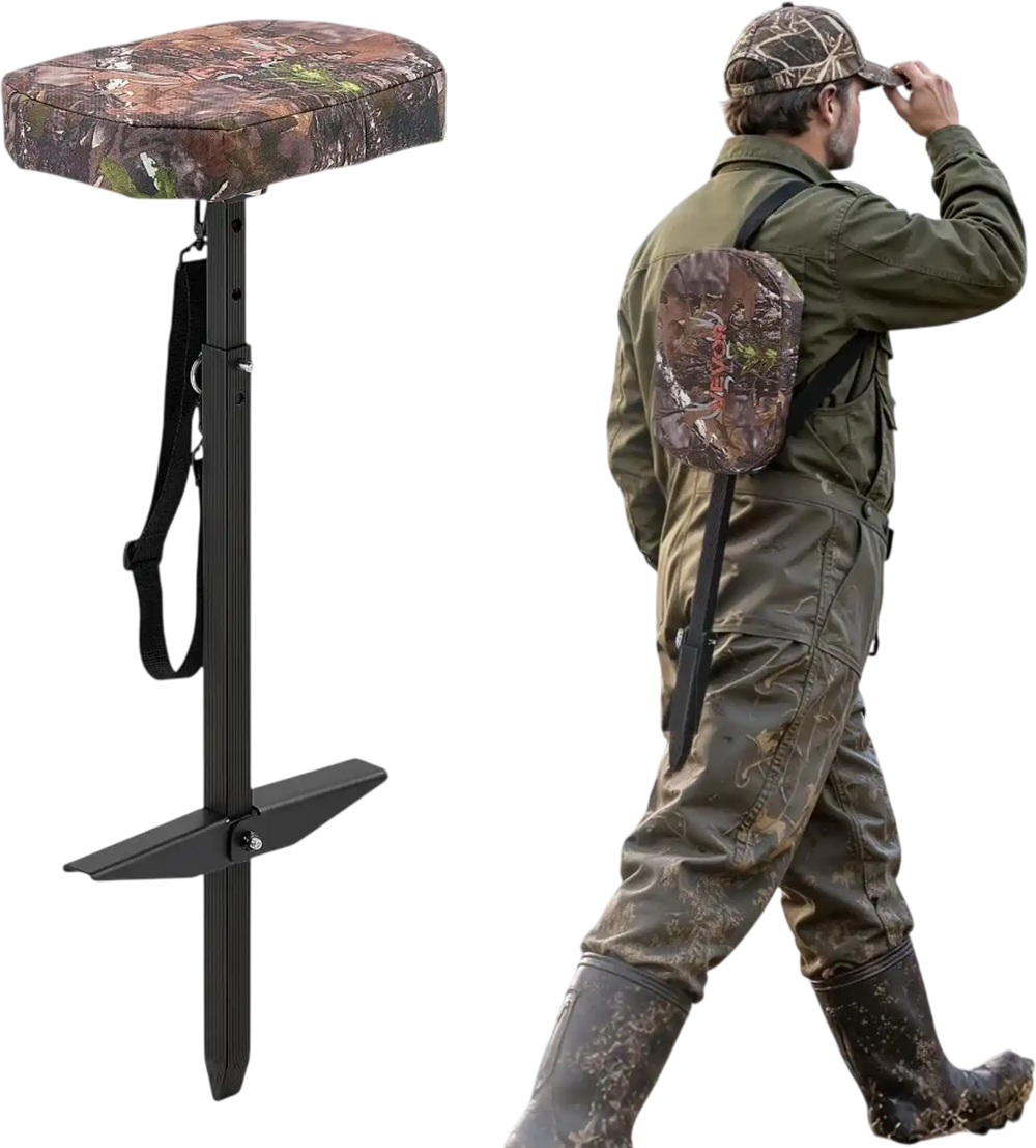 VEVOR Marsh Seat, 25.6-37 in Adjustable Duck Hunting Seat, 300 lb Capacity, Waterfowl Mud Seat for Wetlands & Swamps, 2 Large Mud Plates, Lightweight Aluminum Frame, 600D Camo Fabric & Shoulder Strap