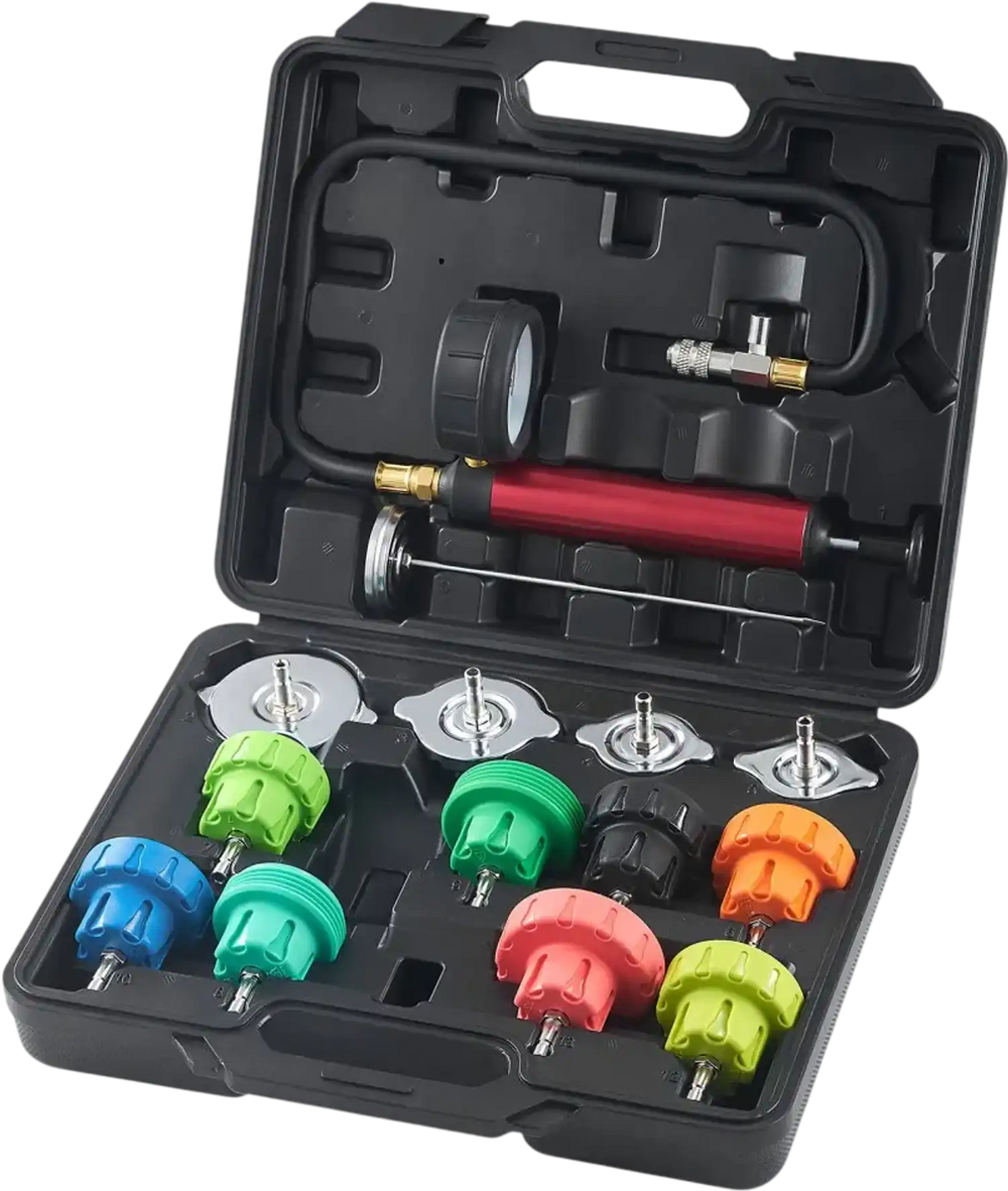 VEVOR 14 pcs Universal Radiator Pressure Tester Kit, Coolant Pressure Tester Kit with Manual Pump and Color-coded Steel Test Cap Adapters, with Toolbox, For Cars Motorcycles Trucks Cooling System