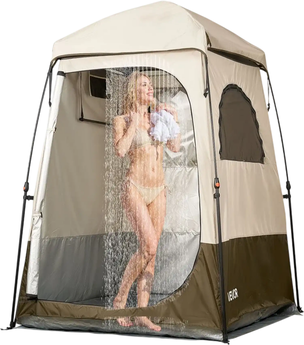VEVOR Camping Shower Tent, 1 Room, Foldable Privacy Tent Changing Room with Ground Stakes, Ropes, Carry Bag, and Crossbar, 210D Oxford Fabric with Silver Coating, for Camping, Beach, and Fishing