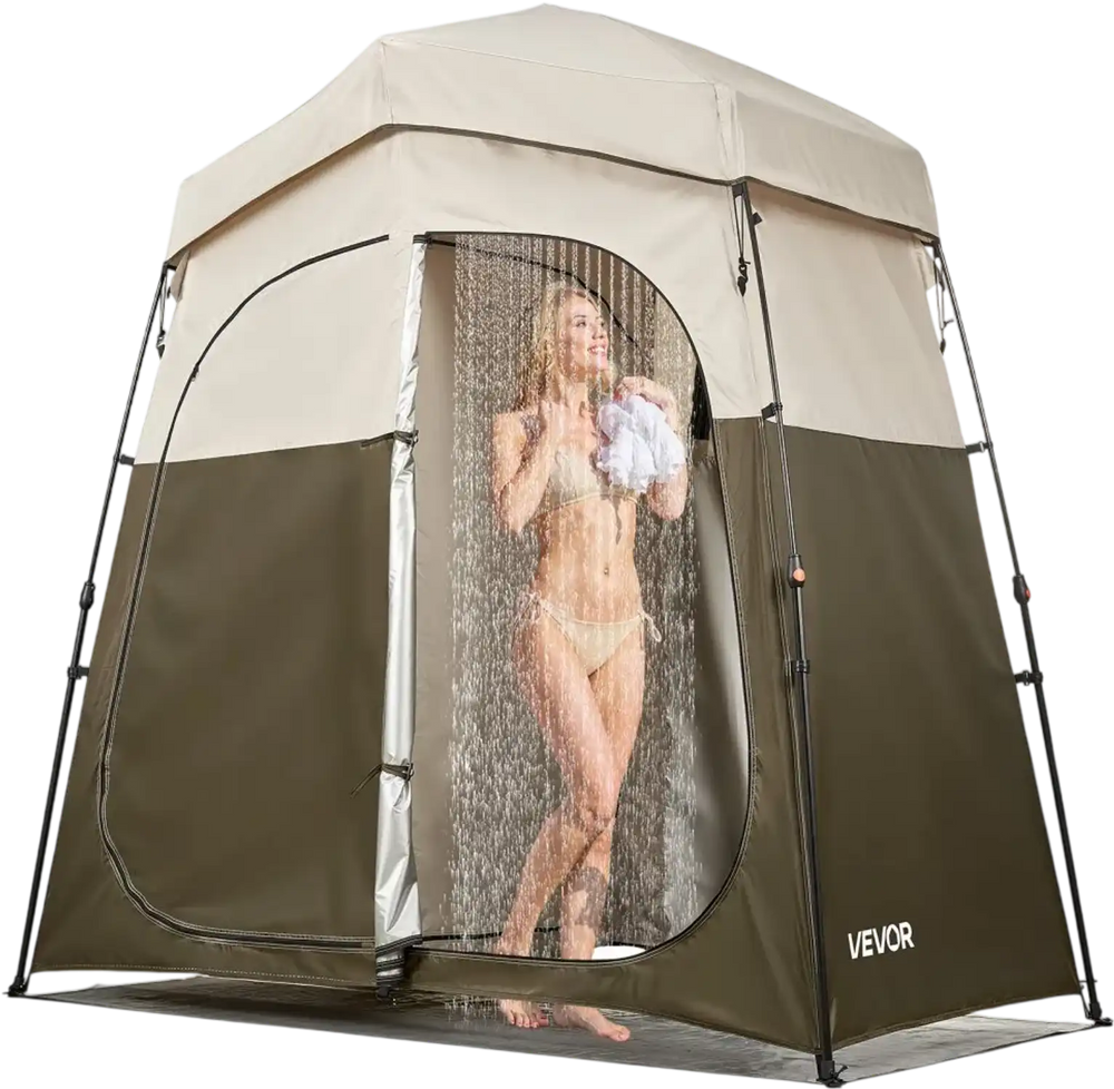 VEVOR Camping Shower Tent, 2-Room Foldable Portable Privacy Tent Changing Room with Ground Stakes, Ropes, and Carry Bag, 150D Oxford Fabric with Silver Coating, for Camping, Beach, and Fishing