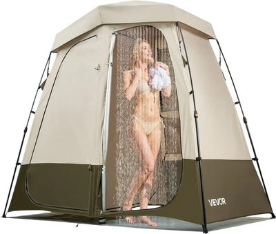 VEVOR Camping Shower Tent, 2-Room Foldable Privacy Tent Changing Room with Ground Stakes, Ropes, Carry Bag, and Crossbar, 150D Oxford Fabric with Silver Coating, for Camping, Beach, and Fishing