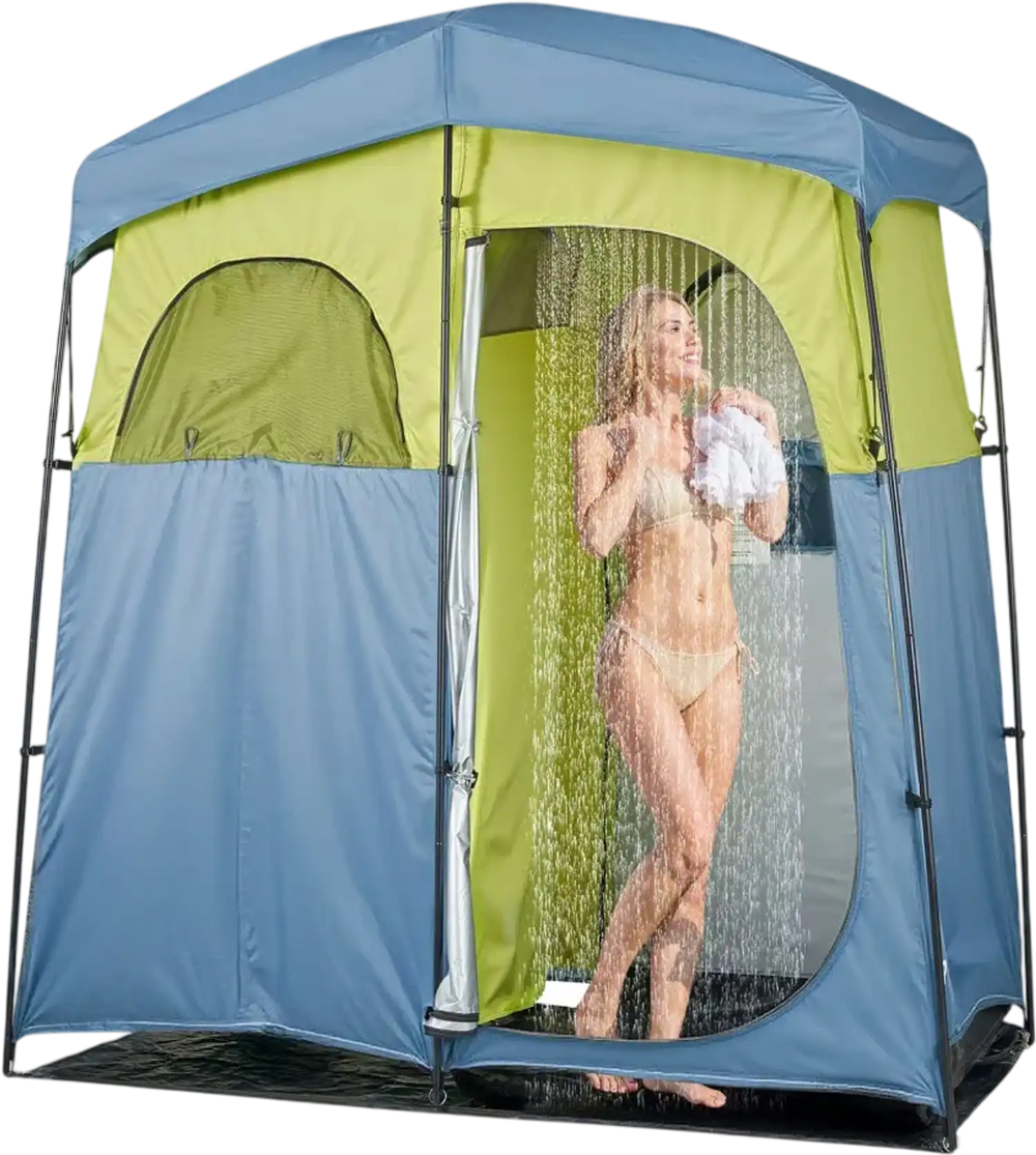VEVOR Camping Shower Tent, 2-Room Portable Privacy Tent Changing Room with Shower Bag, Ground Stakes, Ropes, Carry Bag, and Support Poles, 150D Oxford Fabric with Silver Coating, for Camping, Fishing