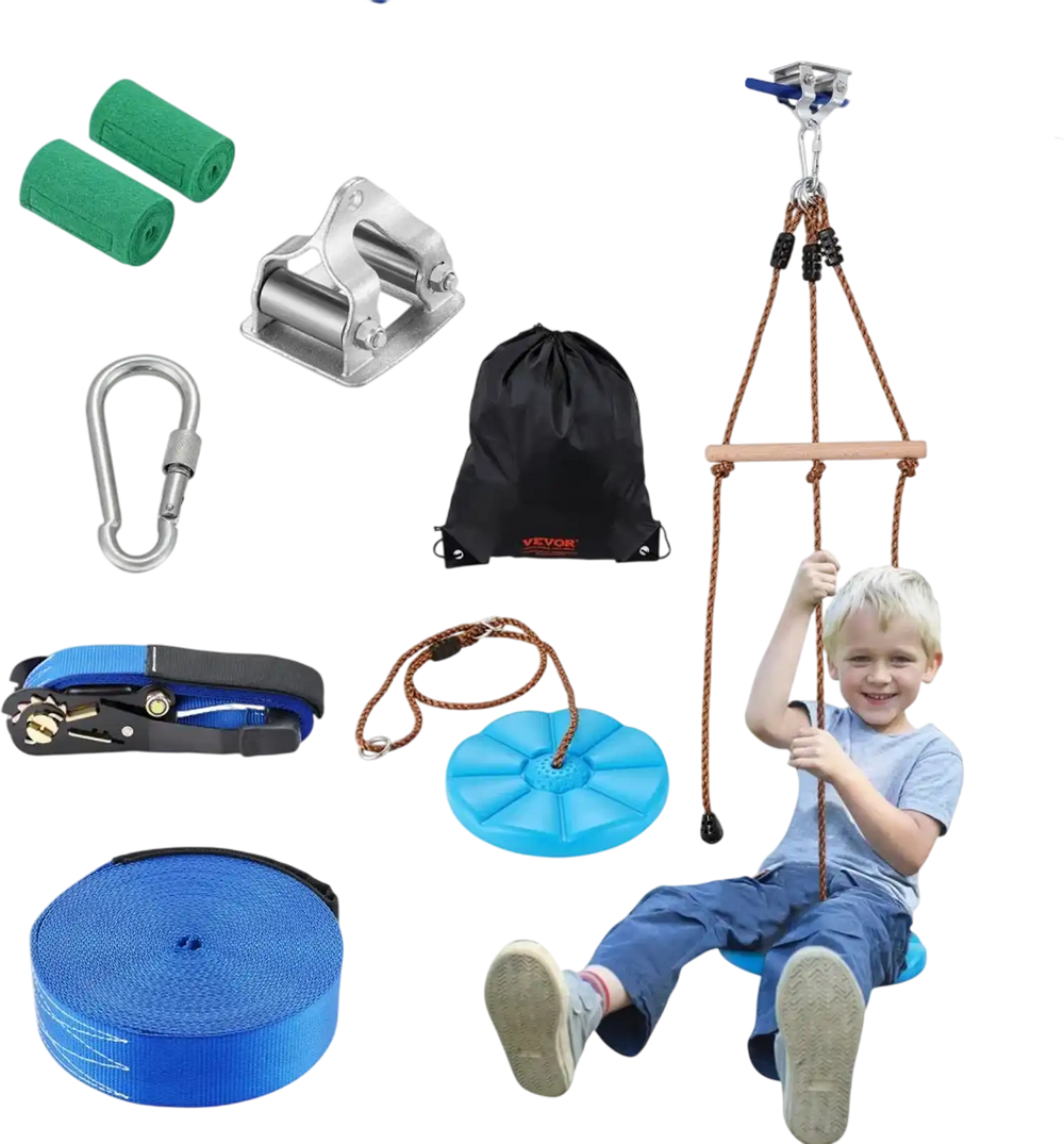 VEVOR Zipline Kit for Kids and Adult, 52 ft Zip Line Kits Up to 500 lb, Backyard Outdoor Quick Setup Zipline, Playground Entertainment with Zipline, Nylon Safety Harness, Seat, and Handlebar