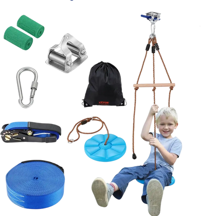VEVOR Zipline Kit for Kids and Adult, 52 ft Zip Line Kits Up to 500 lb, Backyard Outdoor Quick Setup Zipline, Playground Entertainment with Zipline, Nylon Safety Harness, Seat, and Handlebar
