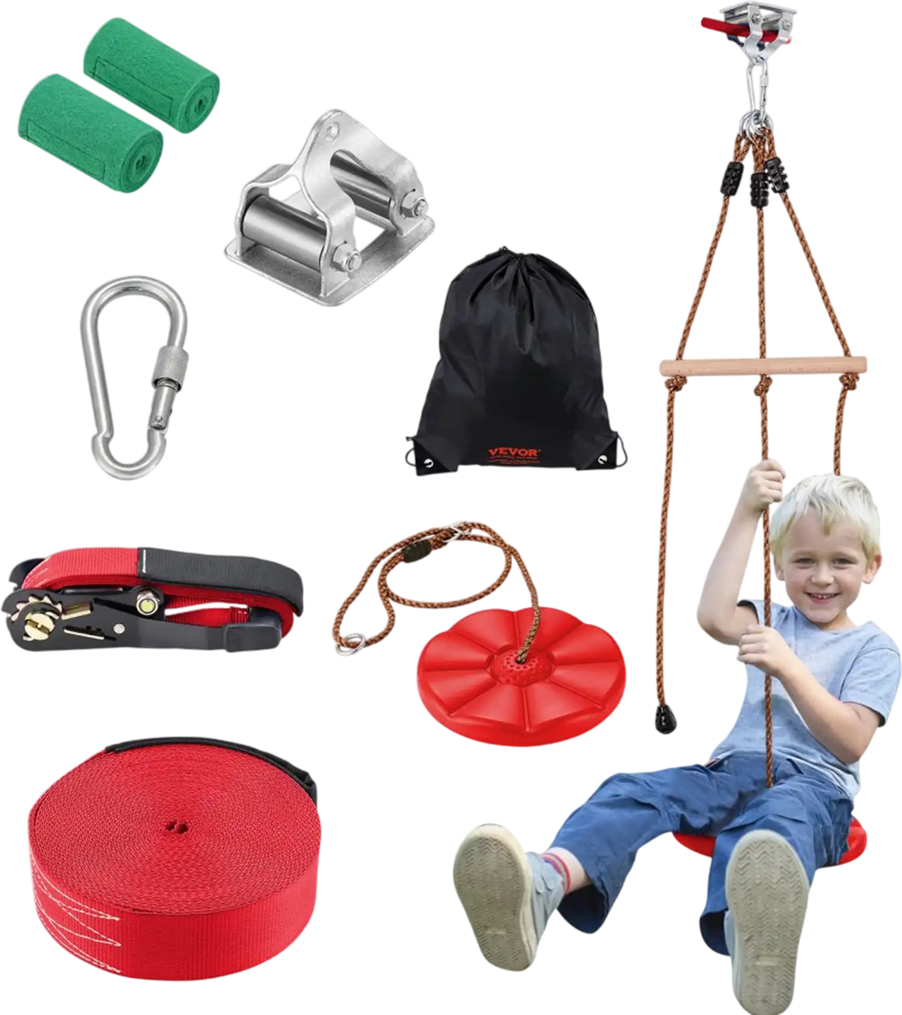 VEVOR Zipline Kit for Kids and Adult, 65 ft Zip Line Kits Up to 500 lb, Backyard Outdoor Quick Setup Zipline, Playground Entertainment with Zipline, Nylon Safety Harness, Seat, and Handlebar