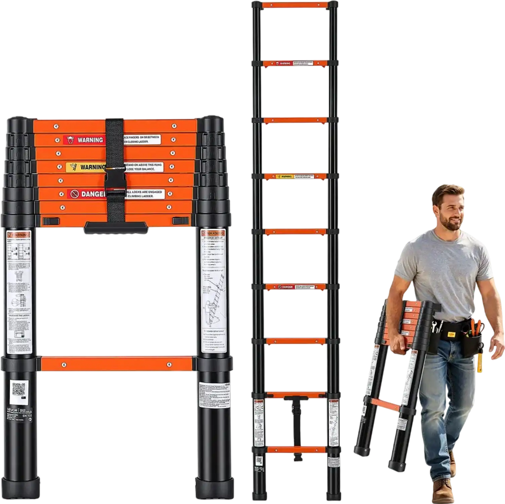 VEVOR Telescoping Ladder, 8.5 ft Extension Ladder One-Button Retraction, Heavy-Duty 330 lbs Capacity, for Home Repairs, Painting, Window Cleaning and RV, Aluminum, Anti-Slip Steps, Orange & Black