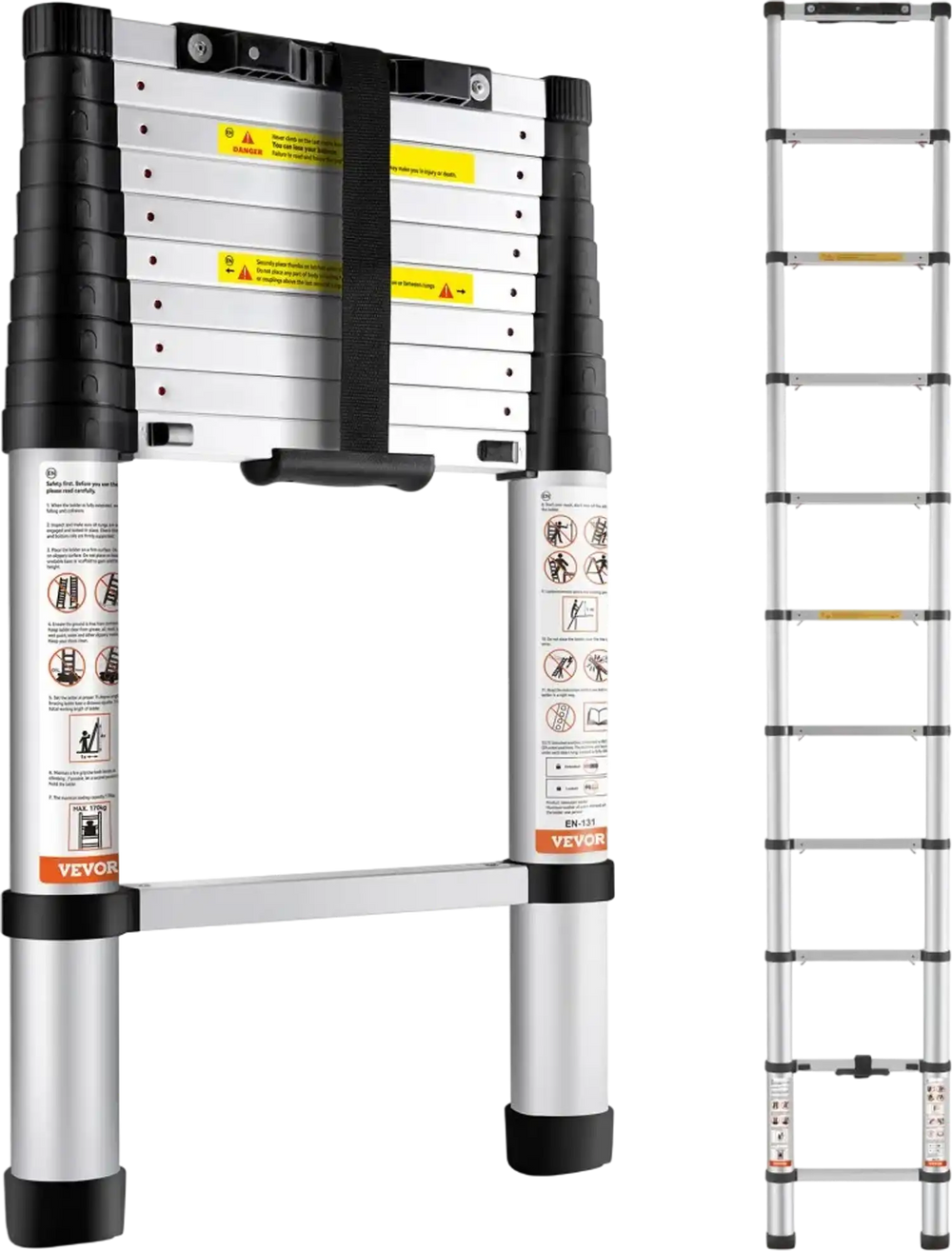 Vevor Telescoping Ladder 10.5' Aluminum One-Button Retraction Collapsi ...