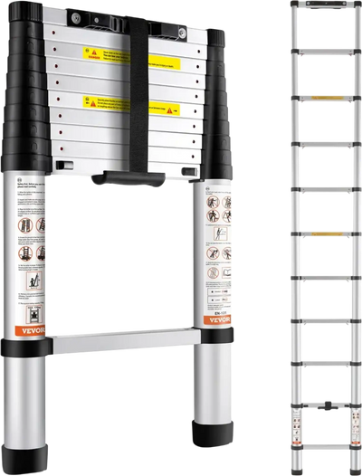 VEVOR Telescoping Ladder, 10.5 FT Aluminum One-button Retraction Collapsible Extension Ladder, 375 LBS Capacity with Non-slip Feet, Portable Multi-purpose Compact Ladder for Home, RV, Loft, ANSI Liste