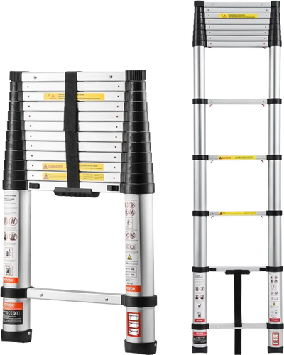 VEVOR 12.5ft Telescoping Ladder, Aluminum Lightweight Multi-Purpose Collapsible Extension, One-Touch Retraction Ladder, Heavy Duty 330LBS Max Capacity with Non-Slip Feet, for Home, Outdoor Work, Loft