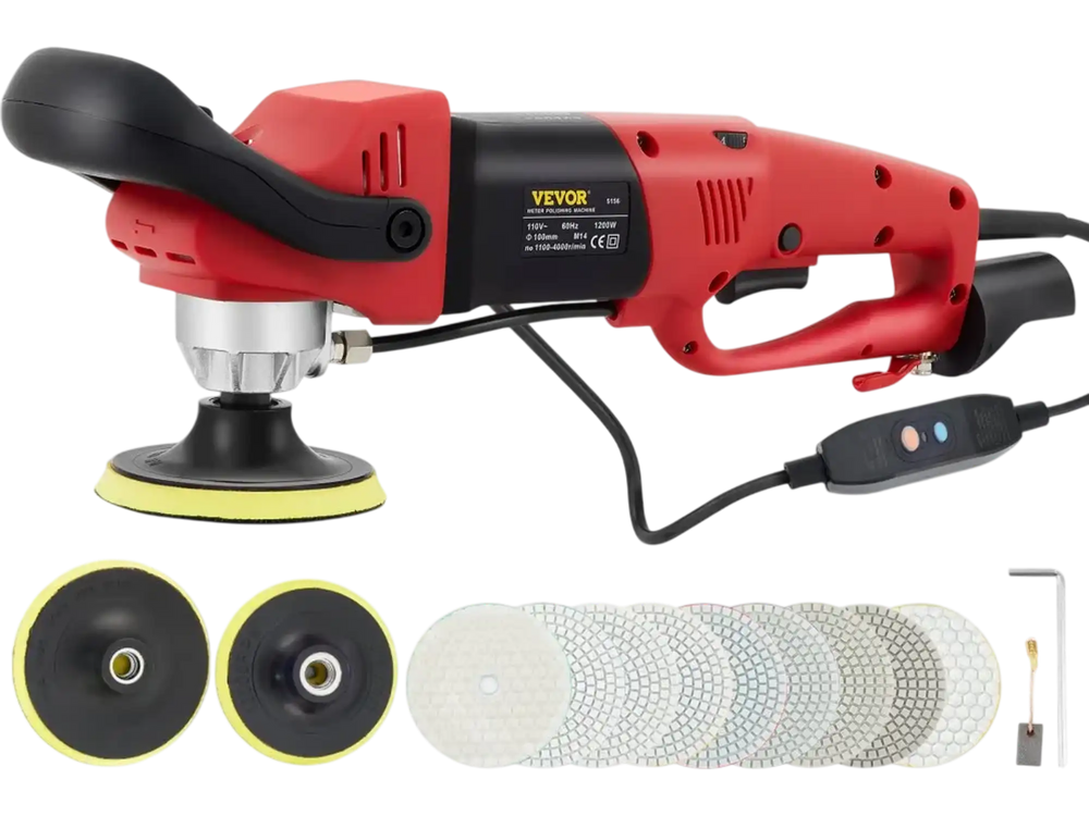VEVOR Wet Polisher Grinder, 6 Variable Speed Buffing Machine & 8PCS Polishing Kit, with 4" & 5" Diamond Polishing Pads, Splash Shield, Concrete Stone Tool for Ceramic Tile Marble Stone Countertop