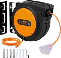VEVOR Retractable Extension Cord Reel, 65 FT, Heavy Duty 12AWG/3C SJTOW Retractable Power Cord with Lighted Triple Tap Outlet, 15 Amp Circuit Breaker 180° Swivel Bracket for Ceiling or Wall Mount