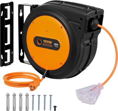 VEVOR Retractable Extension Cord Reel, 65 FT, Heavy Duty 12AWG/3C SJTOW Retractable Power Cord with Lighted Triple Tap Outlet, 15 Amp Circuit Breaker 180° Swivel Bracket for Ceiling or Wall Mount