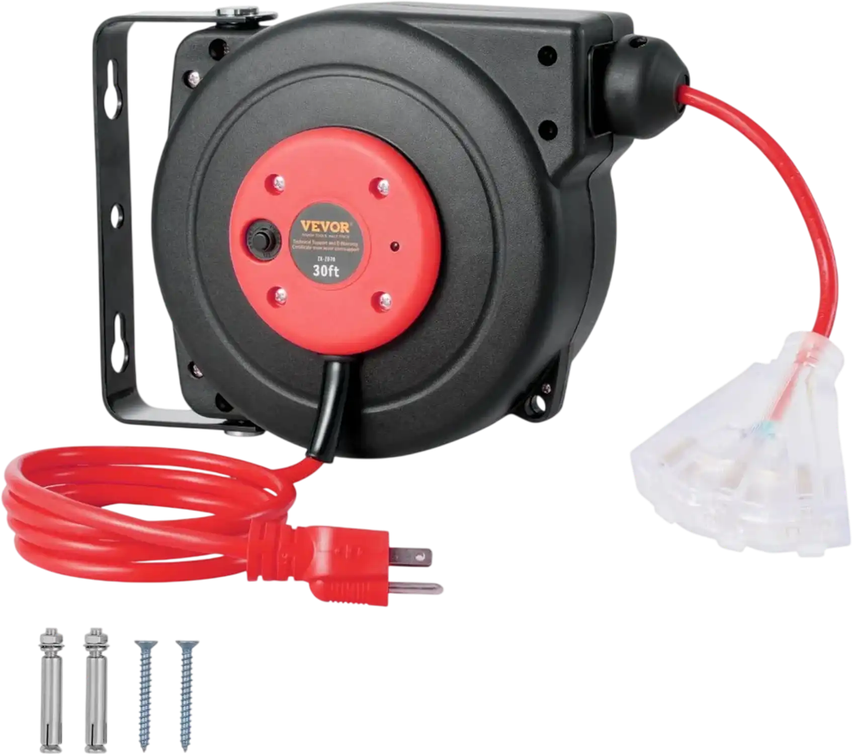 Vevor Retractable Extension Cord Reel Heavy Duty 30' 16AWG/3C SJTOW with Lighted Triple Tap Outlet New