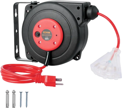 Vevor Retractable Extension Cord Reel Heavy Duty 30' 16AWG/3C SJTOW with Lighted Triple Tap Outlet New