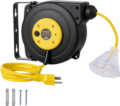 VEVOR Retractable Extension Cord Reel, 30 FT, Heavy Duty 16AWG/3C SJTOW Retractable Power Cord Reel with Lighted Triple Tap Outlet 10 Amp Circuit Breaker 4.5FT Lead-in Cord, for Ceiling or Wall Mount