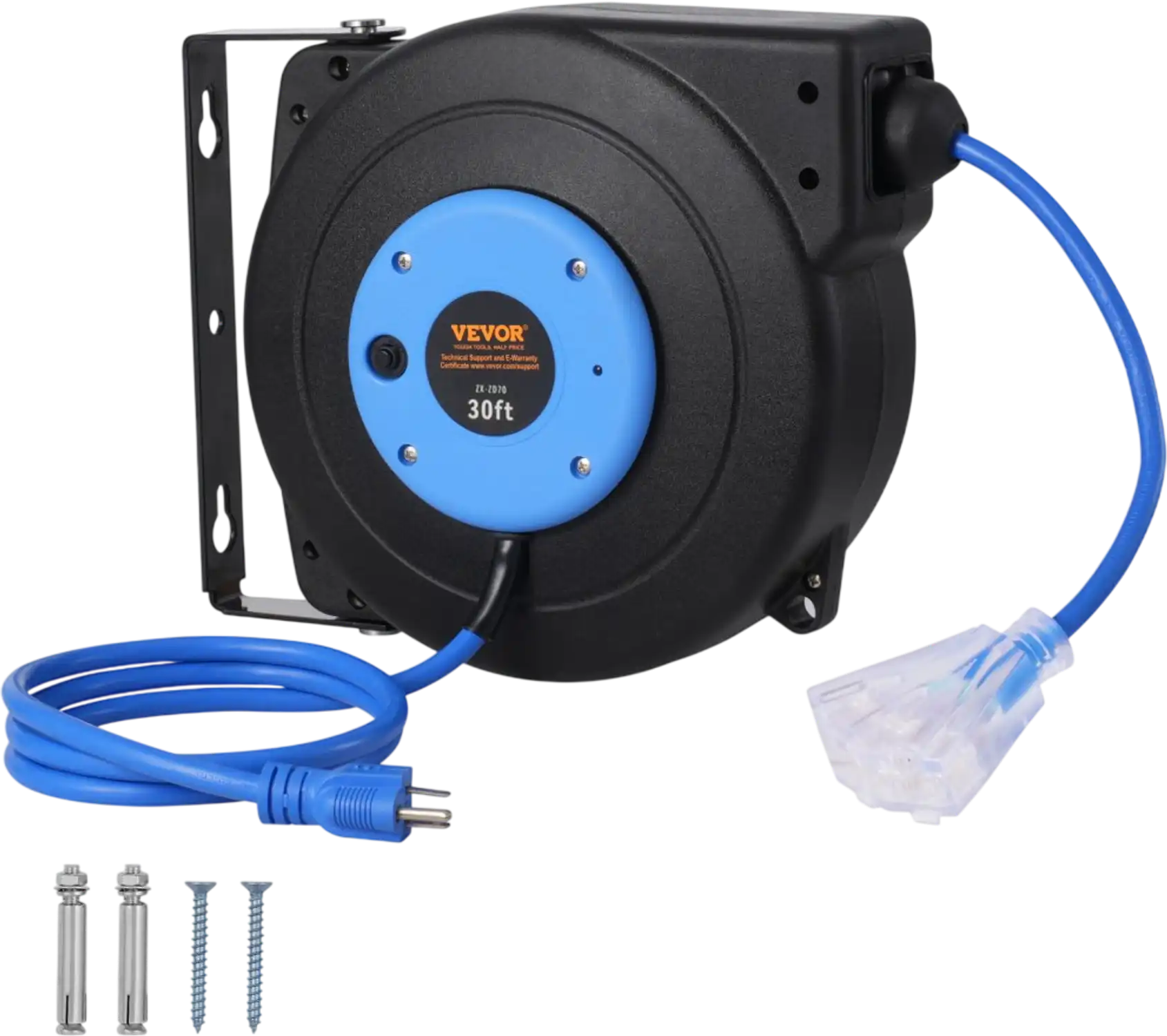 Vevor Extension Cord Reel Retractable 30' 16AWG/3C SJTOW with Lighted Triple Tap Outlet New