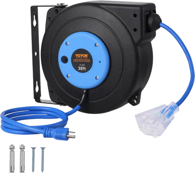 Vevor Extension Cord Reel Retractable 30' 16AWG/3C SJTOW with Lighted Triple Tap Outlet New