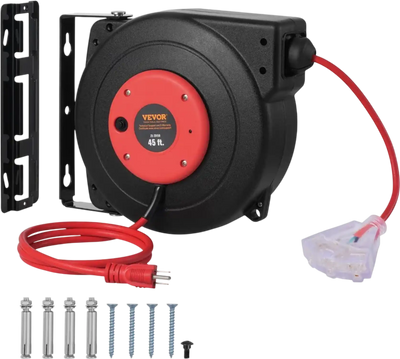 VEVOR Retractable Extension Cord Reel, 45 FT, Heavy Duty 12AWG/3C SJTOW Retractable Power Cord with Lighted Triple Tap Outlet, 15 Amp Circuit Breaker 180° Swivel Bracket for Ceiling or Wall Mount