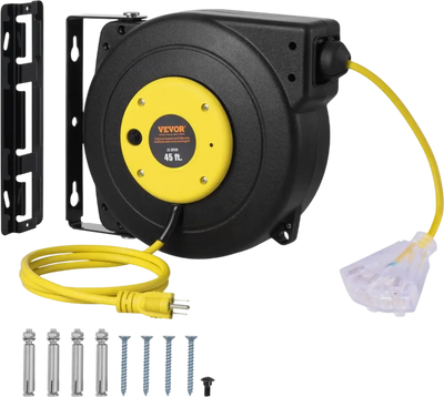 VEVOR Retractable Extension Cord Reel, 45 FT, Heavy Duty 12AWG/3C SJTOW Retractable Power Cord with Lighted Triple Tap Outlet, 15 Amp Circuit Breaker 180° Swivel Bracket for Ceiling or Wall Mount