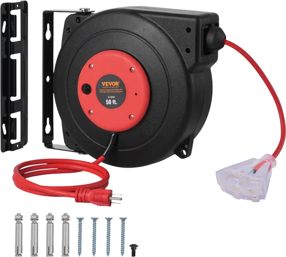 VEVOR Retractable Extension Cord Reel, 50 FT, Heavy Duty 14AWG/3C SJTOW Retractable Power Cord with Lighted Triple Tap Outlet, 13 Amp Circuit Breaker 180° Swivel Bracket for Ceiling or Wall Mount