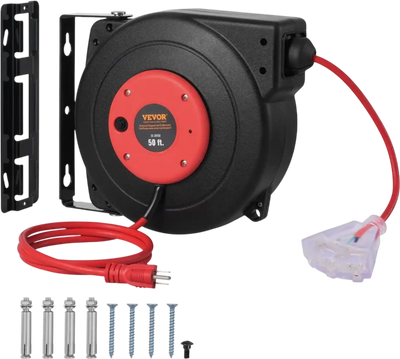 VEVOR Retractable Extension Cord Reel, 50 FT, Heavy Duty 14AWG/3C SJTOW Retractable Power Cord with Lighted Triple Tap Outlet, 13 Amp Circuit Breaker 180° Swivel Bracket for Ceiling or Wall Mount
